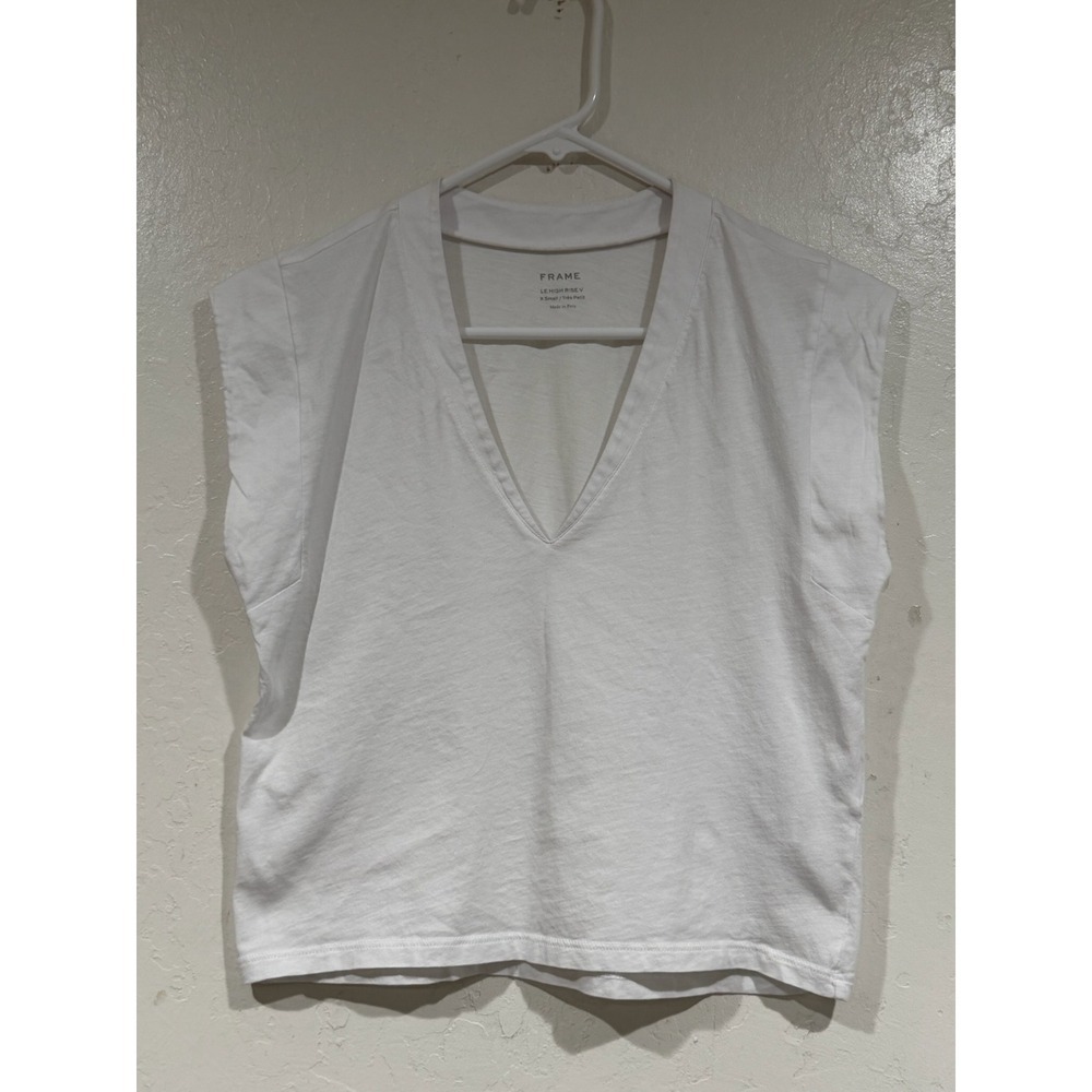 FRAME Le High Rise V Muscle Tee White Organic Pima Cotton Padded Shoulder XS - Picture 2 of 6